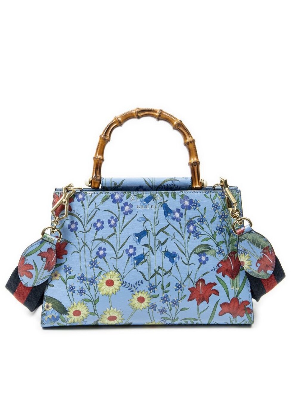 Gucci Medium Nymphaea Top Handle Blue Floral Print Leather